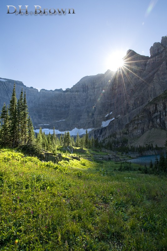The Sun goes behind the cirque above Iceberg Lake.